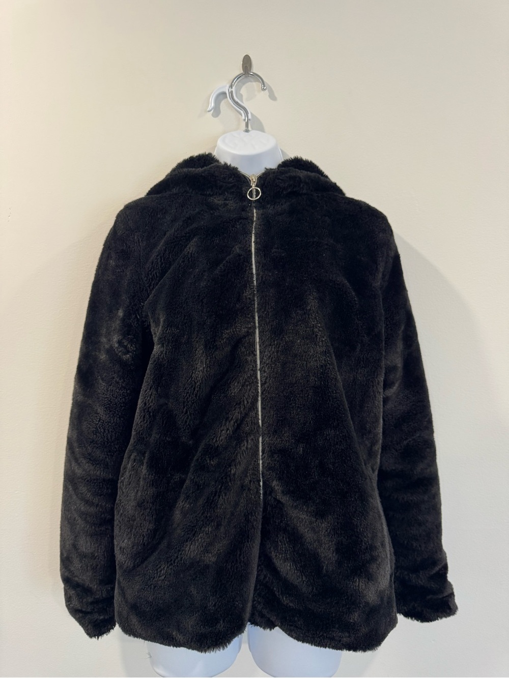 Women’s Black Teddy Jacket with Hood - Plush Zip Front